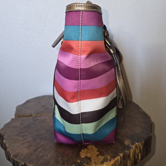 Coach Legacy Multicolor Stripe Sateen Tote Shoulder Bag F14009 Metallic Trim - Picture 12 of 16